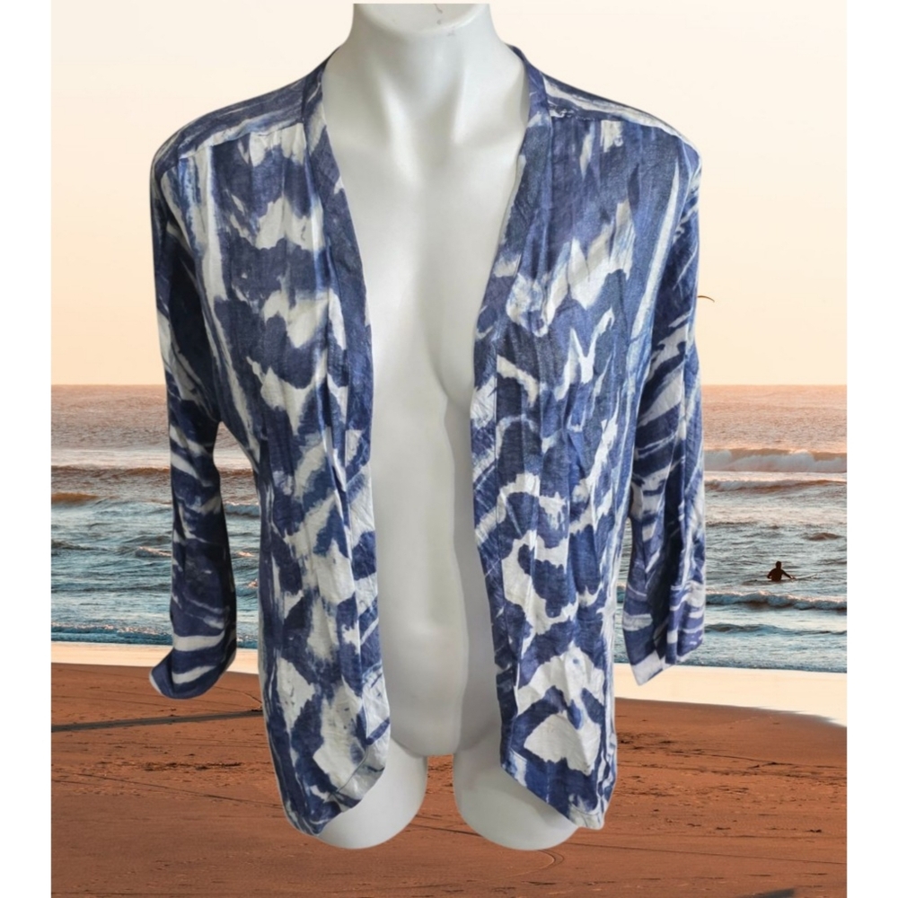 Chico's Shimmer Flyaway 3/4 Sleeve Cardigan Jacket Blue & White Size S
